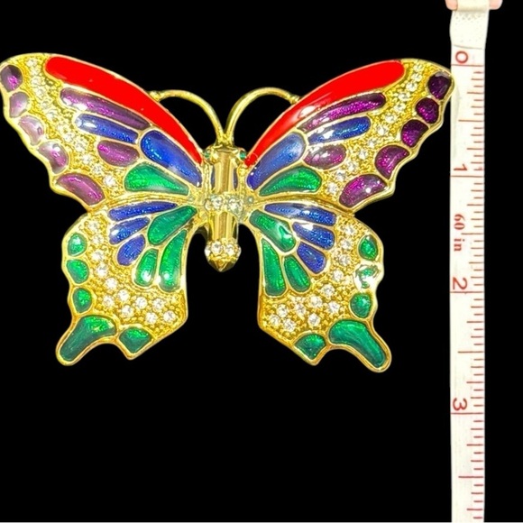 Vibrant, butterfly, enamel, rhinestone, gold tone, brooch, pin blue red green - Picture 6 of 7